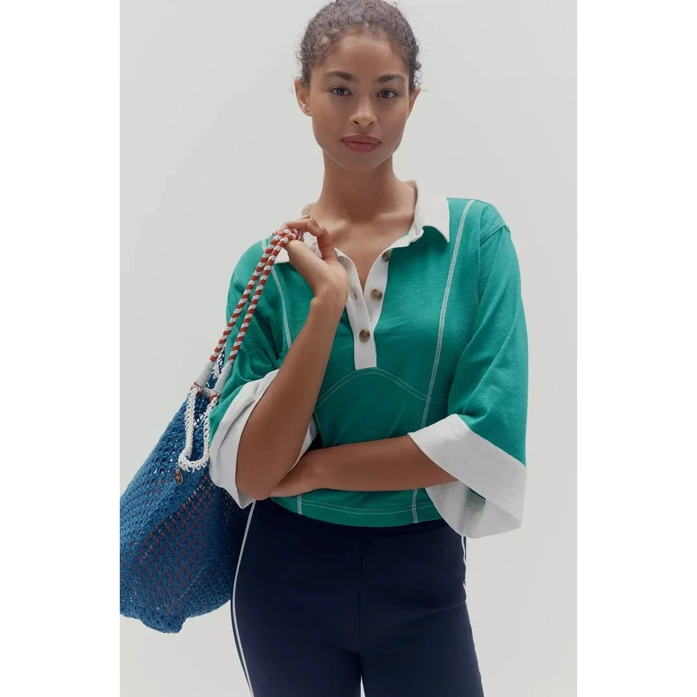 Pilcro Corset Inspired 3/4 Sleeve Polo Shirt Women M Green Anthropologie